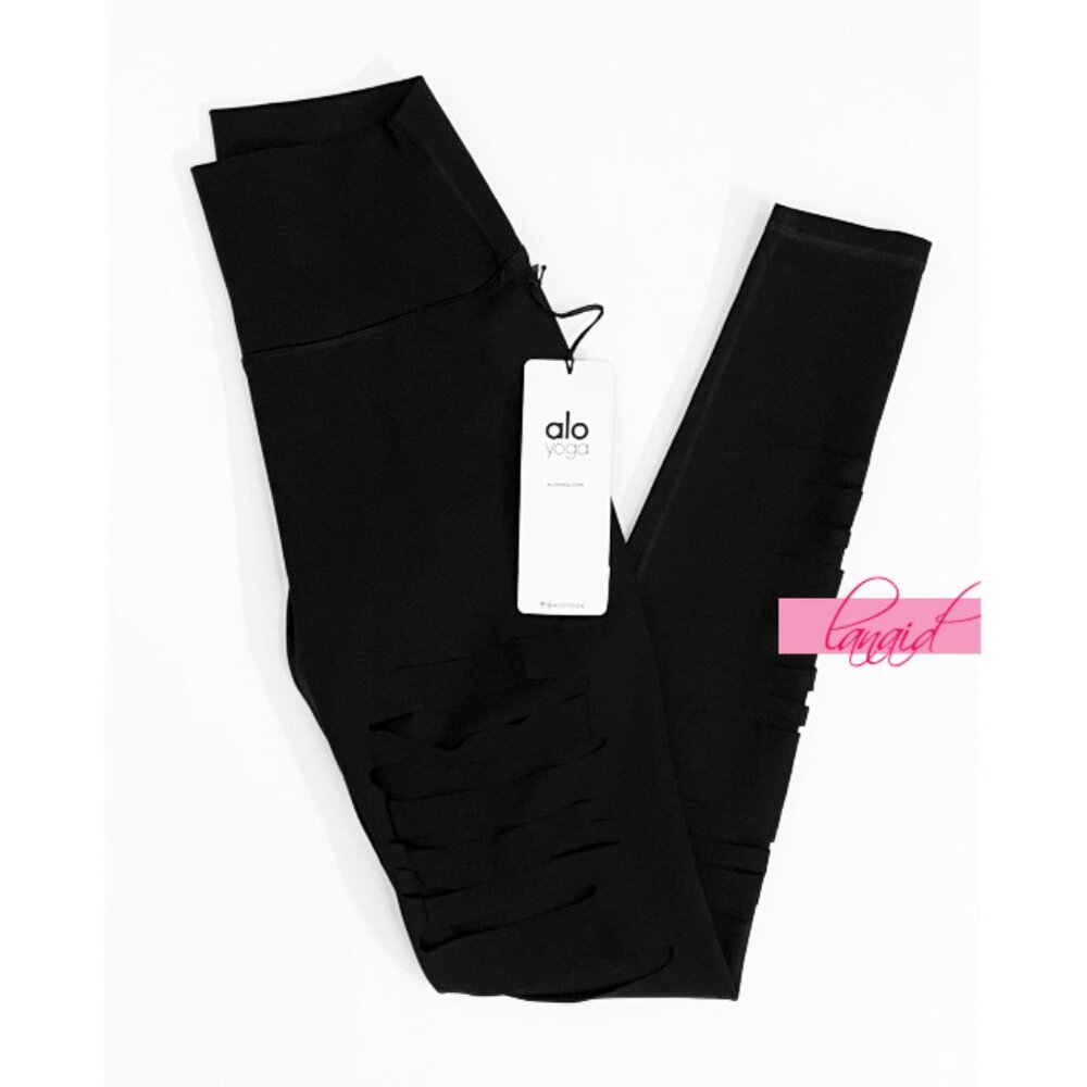 Alo High-Waist Extreme Ripped Warrior Leggings Black Edgy Hi-Rise Destroyed Pant - Picture 10 of 15